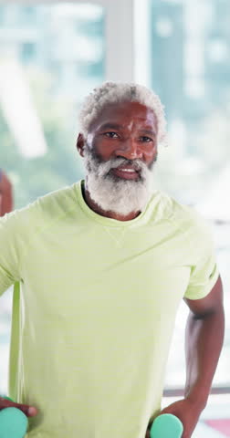 Fitness, senior man and face with dumbbell for wellness, coordination and balance with endurance. Class, exercise and male person with weightlifting for muscle strength, aerobic and physical training