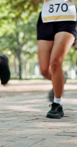 Running, marathon and health with people in park for sports, challenge and workout. Performance, wellness and athlete and race with runner training in city for competition, exercise and speed