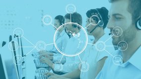 Customer service representatives working with global network connections animation over them. Support, communication, connectivity, technology, teamwork, collaboration - Powered by Shutterstock - Get 15% off with code: PIKWIZARD15