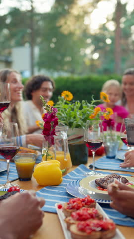 Vertical Screen: Friends Celebrating Outside at Home. Diverse Group of Children, Adults and Old People Gathered at a Table, Having Fun Conversations. Making Toasts in the Backyard while Drinking Wine