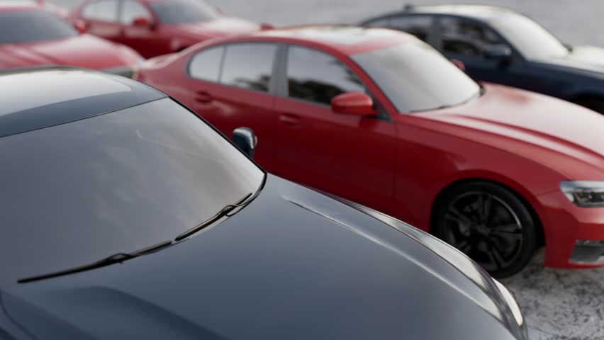 A large car parking lot filled with numerous colorful sedan vehicles, reflecting the current global used car surplus.3d, rendering, illustration,