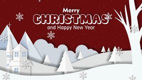 4k animation Merry christmas and happy new year, layered winter landscape with snowy hills, trees, chruch and falling snowflakes. Santa's sleigh and reindeer fly across a night sky. paper cut style. - Powered by Shutterstock - Get 15% off with code: PIKWIZARD15
