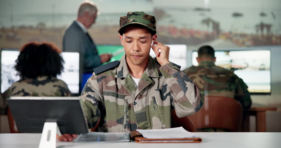 Tv reporter, face and breaking news of military man with speech and speaker of war at broadcast control room. Live stream, global crisis and press release with Palestine update, paperwork and crime