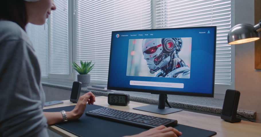 Adult woman in headphones enters text in AI image generator app on PC. Advanced artificial intelligence chatbot generate detailed image portrait of sci-fi robot. From text prompt to generated photo.