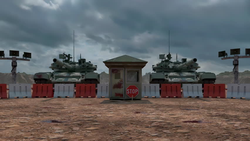 A fortified desert checkpoint, abandoned and bloodstained, with military armored tanks, a weathered security booth, and concrete barriers.