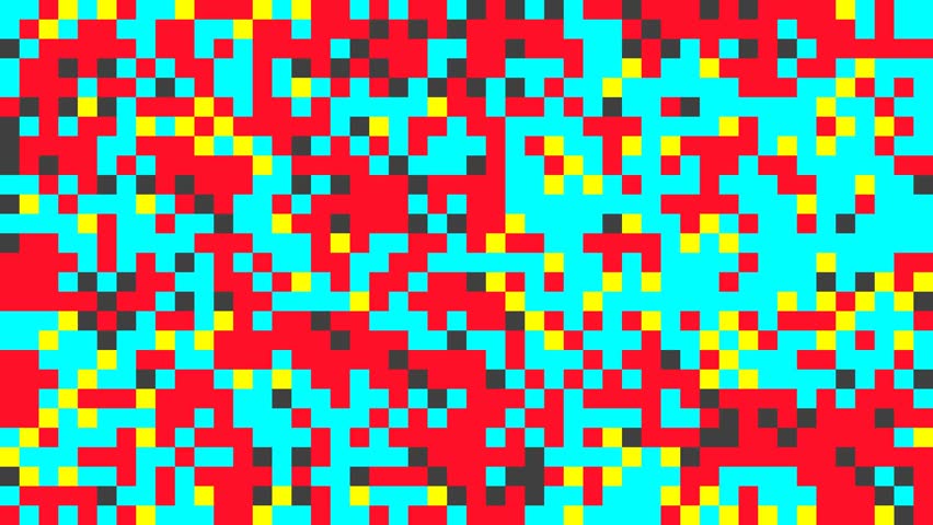 Abstract pixel retro 8bit neon yellow, blue, red video game glitch noise texture, animated squares retro video game pixelated background, seamless looped vj pattern psychedelic 80s, 90s texture