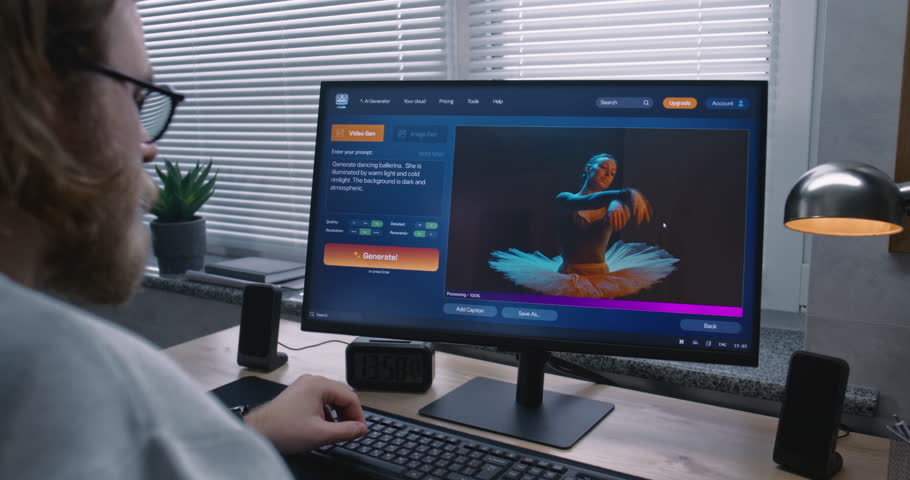 Adult man enters prompt in artificial intelligence chatbot on personal computer. AI video generator app generate detailed high-quality video of dancing ballerina. From text prompt to generated video.