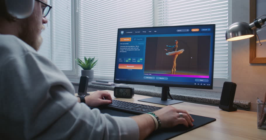 Adult man in headphones enters prompt in artificial intelligence chatbot on personal computer. AI video generator app generate detailed video of dancing ballerina. Advanced AI generated video creation