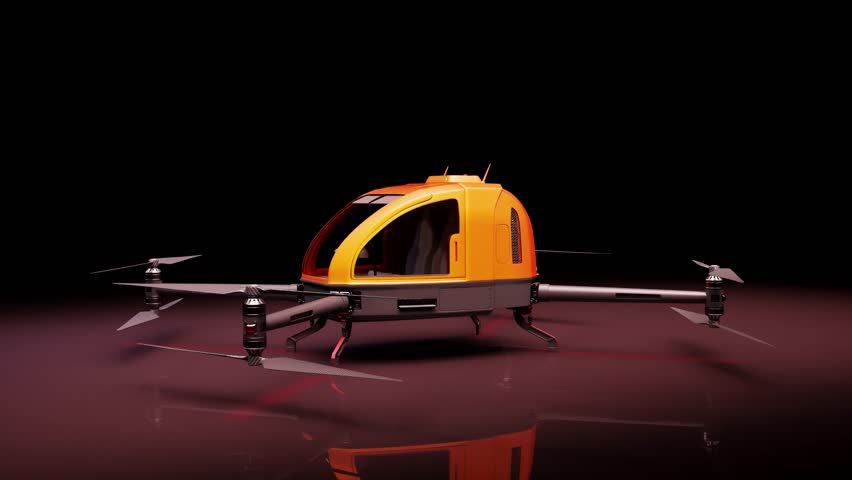 3D model of an air taxi, featuring a vibrant orange color, represents the future of urban transport. Designed for automated delivery, enhancing mobility and reducing traffic congestion. 3D rendering