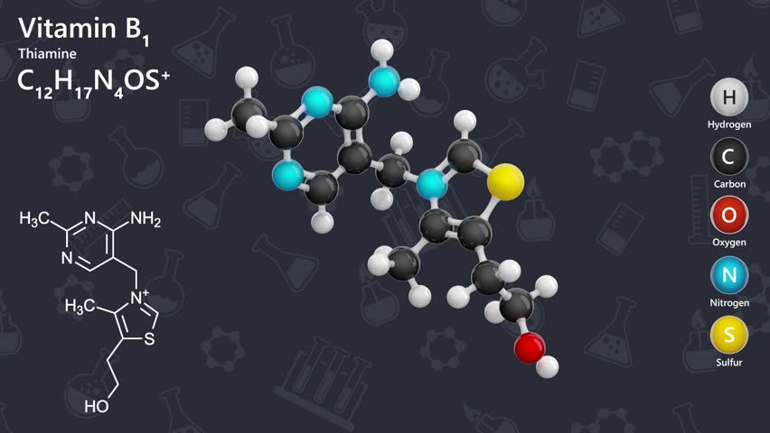 Molecule of Vitamin B1 or Thiamine (C12H17N4OS) is a water-soluble vitamin. It plays a vital role in energy metabolism and is essential for converting carbohydrates into energy. Dark back. 3d render