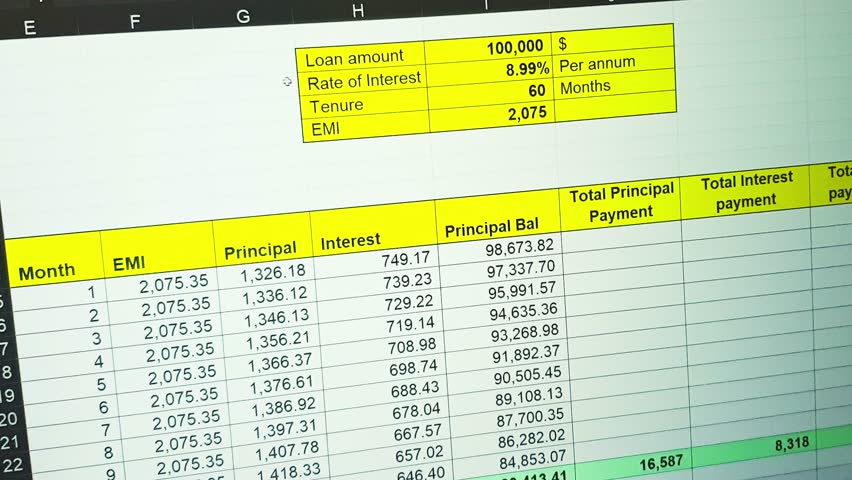 Footage of an dark mode excel sheet scrolled on computer screen showing bank loan amortization table, changing data.