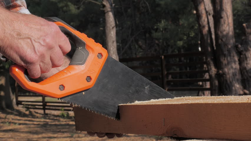 A person is using a hand saw to cut a piece of wood while surrounded by tall trees in a serene forest environment. The focus is on the precision of the sawing action.