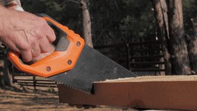 A person is using a hand saw to cut a piece of wood while surrounded by tall trees in a serene forest environment. The focus is on the precision of the sawing action. - Powered by Shutterstock - Get 15% off with code: PIKWIZARD15