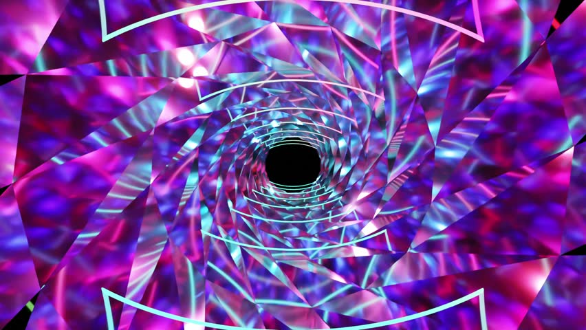 Abstract background 3D animation moving through shiny glass metal and neon lights tunnel, loop