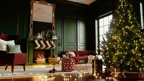Christmas eve cozy mood in classic decorated living room with fire burning in fireplace, christmas tree, candles and gifts. Family waiting for rest. December holidays, winter, warm indoor. Snow falls. - Powered by Shutterstock - Get 15% off with code: PIKWIZARD15