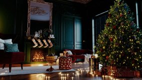 Christmas eve cozy mood in classic decorated living room with fire burning in fireplace, christmas tree, candles and gifts. Family waiting for rest. December holidays, winter, warm indoor. Snow falls. - Powered by Shutterstock - Get 15% off with code: PIKWIZARD15