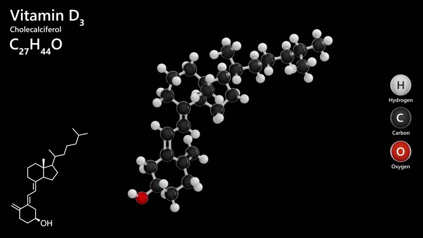 Molecule of Vitamin D3 or cholecalciferol (C27H44O) is a fat-soluble vitamin produced in the skin upon UVB light exposure. Black background. 3d rendering. Seamless loop