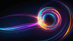 abstract digital artwork featuring rotating lights in neon blue, purple, and orange, forming a dynamic and futuristic ball of energy. Black background with subtle patterns resembling data lines. 4K - Powered by Shutterstock - Get 15% off with code: PIKWIZARD15