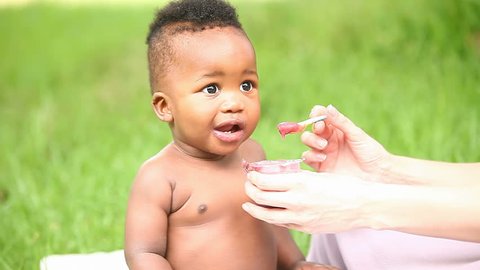 Happy little African American baby smiling while being fed by his mother in the garden.