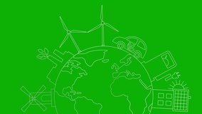 Animated linear silver icon of green energy city on circle planet. Line symbols. Concept of Sustainability, environment, renewable energy, green technology. Illustration isolated on green background.  - Powered by Shutterstock - Get 15% off with code: PIKWIZARD15