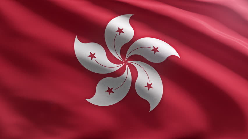 Waving the state flag of Hong Kong. Waving the flag of a Chinese Administrative Region of Hong Kong. Strong wind waving the civil state ensign of Hong Kong with a five-petal flower.