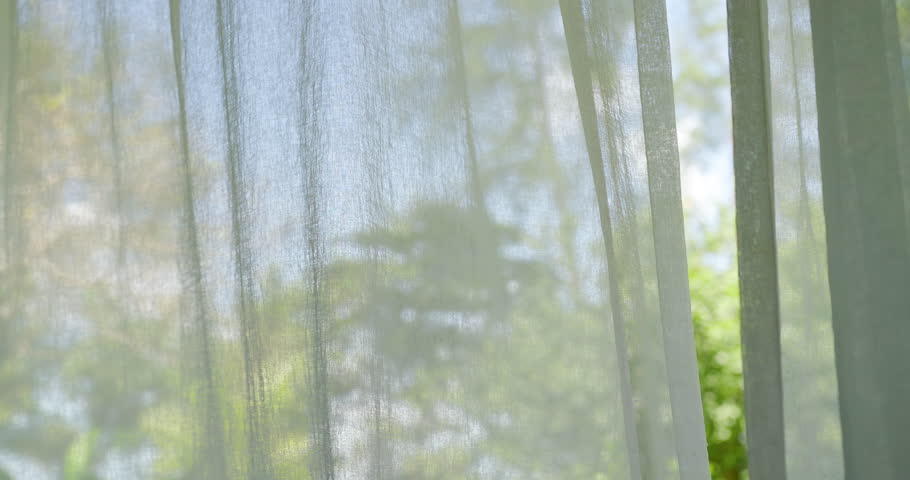 Wind curtains blown door window  garden. open window swaying wind curtain living room summer morning sunshine. close up window into bedroom.