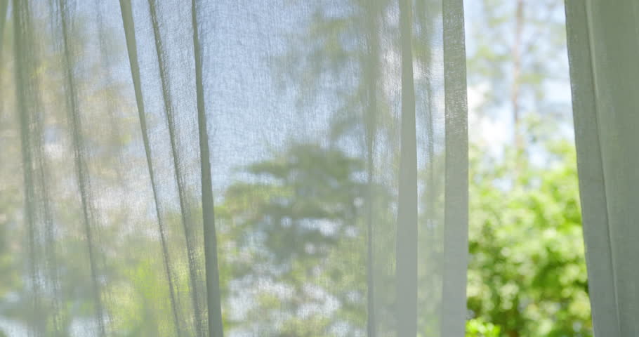 Wind curtains blown door window  garden. open window swaying wind curtain living room summer morning sunshine. close up window into bedroom.