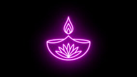 Neon Diya lamp animation, rotation around vertical axis. Glowing neon 3D Diya fire icon, looped spin. Happy Diwali, Deepavali oil candle, Diya oil lamp with lotus flower. Purple, pink, red colors - Powered by Shutterstock - Get 15% off with code: PIKWIZARD15