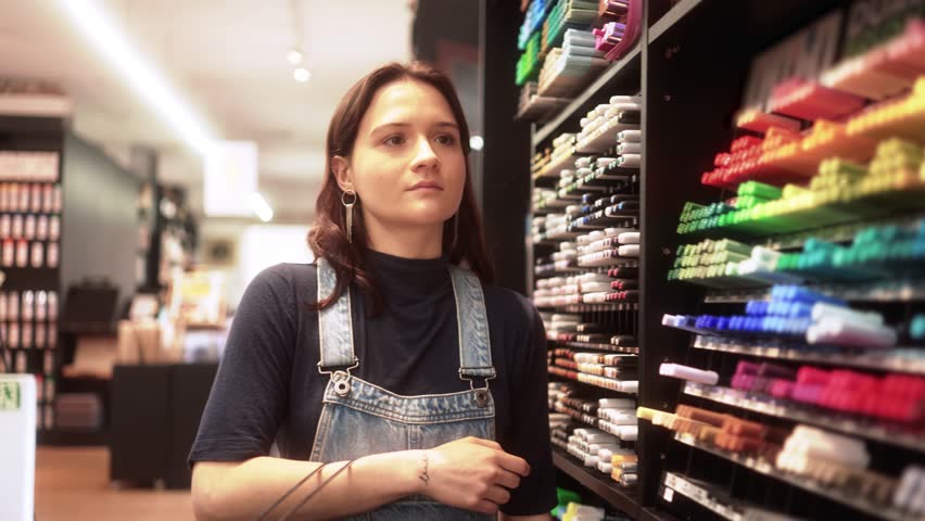 Focused woman selecting colorful markers in an art supply store. Creative shopper picking various pens for artistic projects with concentration