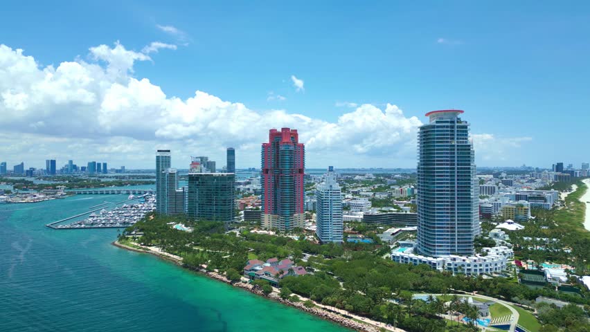 Miami Skyline. Miami city skyline panorama with skyscrapers. Miami Landscape Skyline. Skyscrapers and harbor. Miami waterfront lined with marina.