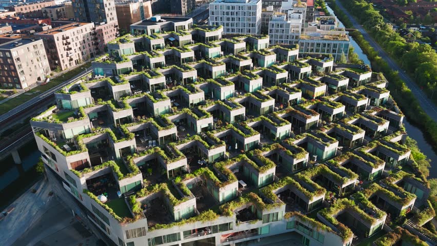 Aerial view of residential complex Mountain Dwellings, garden houses, Denmark