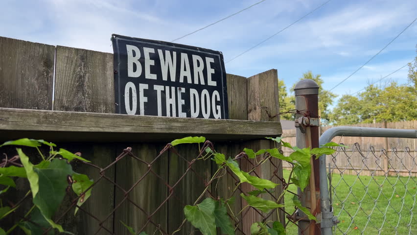 Beware of dog sign on back fence of property 4k