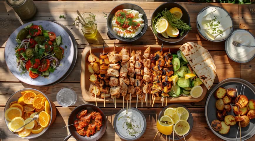 A vibrant Mediterranean spread with grilled skewers, fresh vegetables, and savory sides, perfect for a summer feast. (Aerial view), top view 