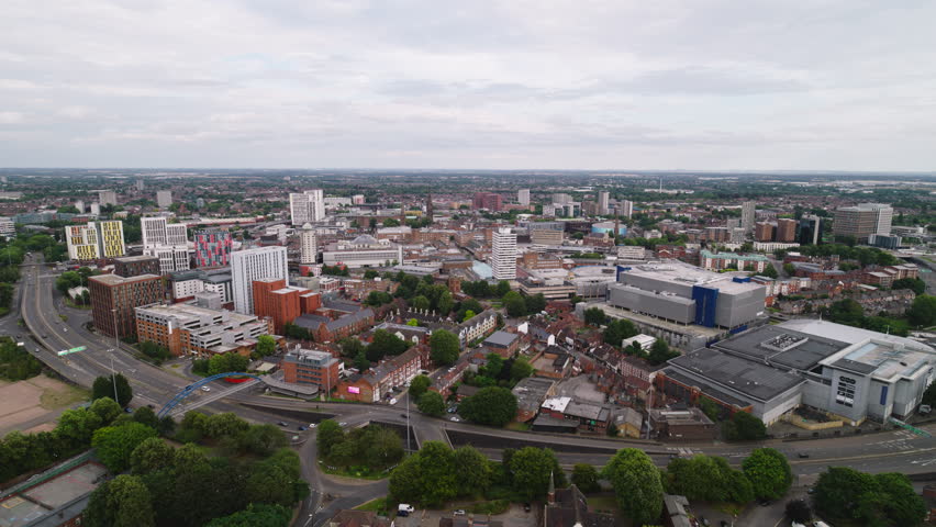 Aerial View Shot of Coventry UK, West Midlands, England, United Kingdom, overcast