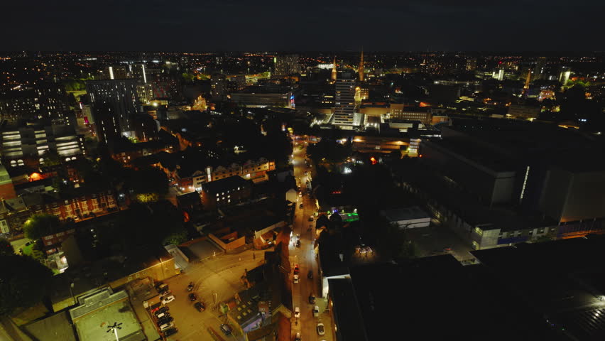 Aerial View Shot of Coventry at night, evening, crystal clear and crisp image, West Midlands, England, United Kingdom