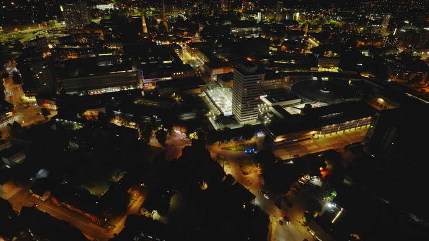 Aerial View Shot of Coventry at night, evening, crystal clear and crisp image, West Midlands, England, United Kingdom