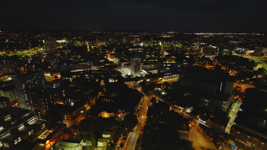 Aerial View Shot of Coventry at night, evening, crystal clear and crisp image, West Midlands, England, United Kingdom