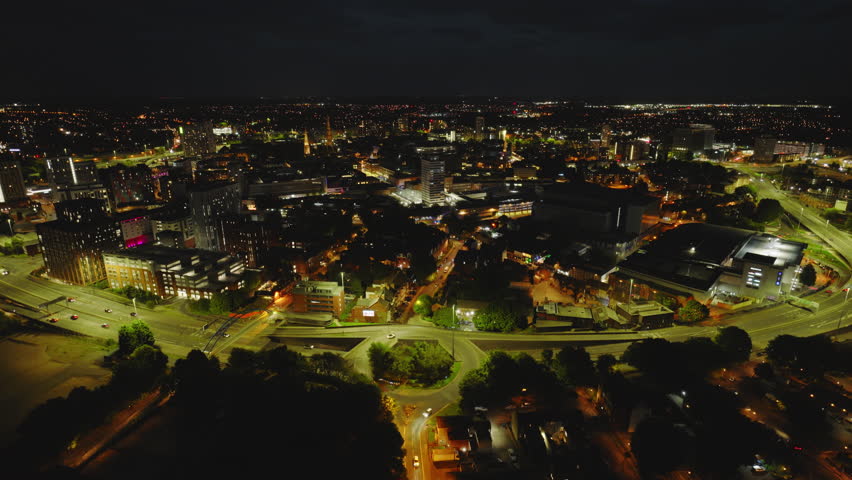 Aerial View Shot of Coventry at night, evening, crystal clear and crisp image, West Midlands, England, United Kingdom