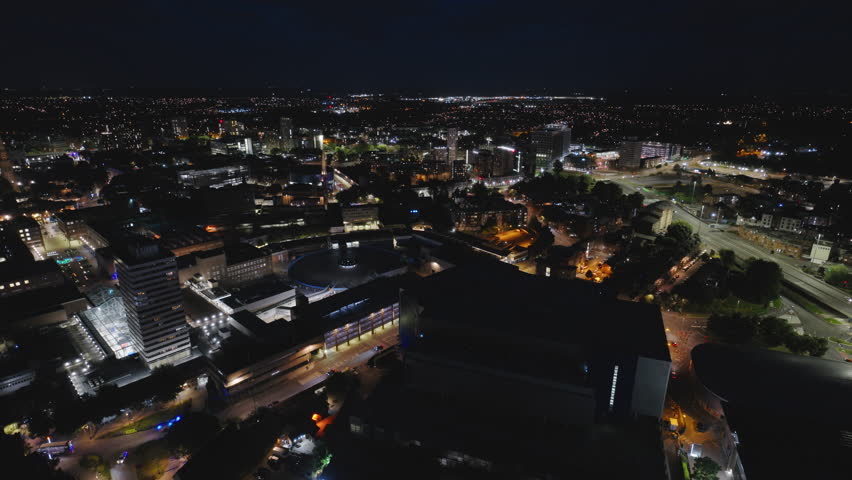 Aerial View Shot of Coventry at night, evening, crystal clear and crisp image, West Midlands, England, United Kingdom