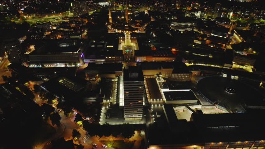 Aerial View Shot of Coventry at night, evening, crystal clear and crisp image, West Midlands, England, United Kingdom