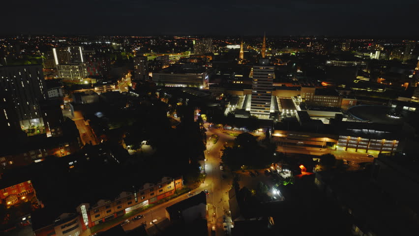 Aerial View Shot of Coventry at night, evening, crystal clear and crisp image, West Midlands, England, United Kingdom