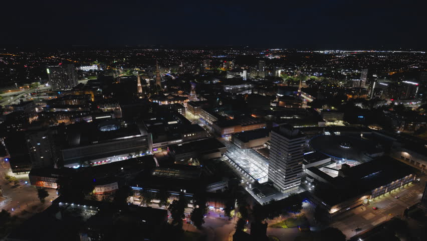 Aerial View Shot of Coventry at night, evening, crystal clear and crisp image, West Midlands, England, United Kingdom