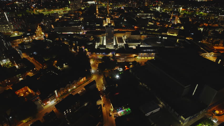 Aerial View Shot of Coventry at night, evening, crystal clear and crisp image, West Midlands, England, United Kingdom