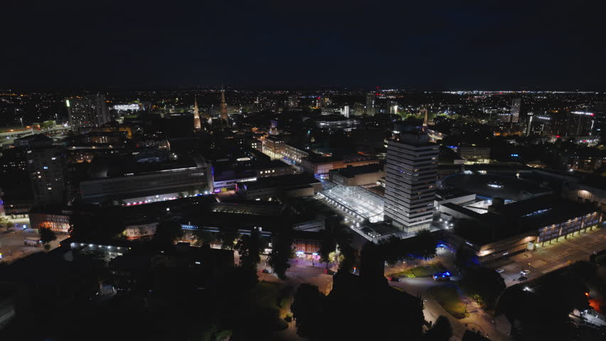 Aerial View Shot of Coventry at night, evening, crystal clear and crisp image, West Midlands, England, United Kingdom