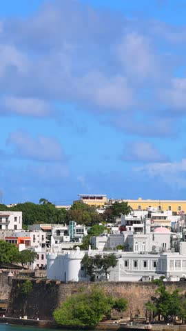 Puerto Rico, aerial view of San Juan colorful colonial historic center from San Juan Bay.