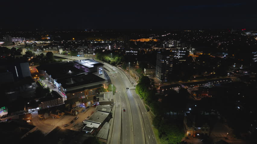 Aerial View Shot of Coventry at night, evening, crystal clear and crisp image, West Midlands, England, United Kingdom