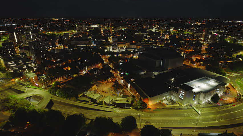 Aerial View Shot of Coventry at night, evening, crystal clear and crisp image, West Midlands, England, United Kingdom