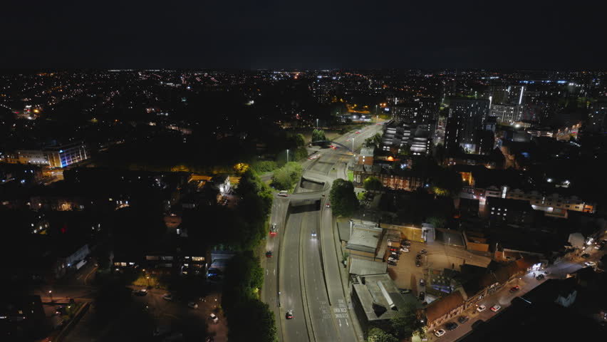 Aerial View Shot of Coventry at night, evening, crystal clear and crisp image, West Midlands, England, United Kingdom
