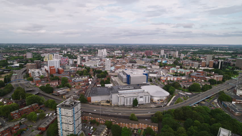 Aerial View Shot of Coventry UK, West Midlands, England, United Kingdom, overcast