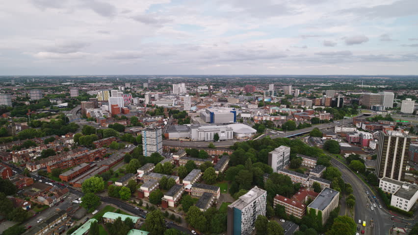 Aerial View Shot of Coventry UK, West Midlands, England, United Kingdom, overcast